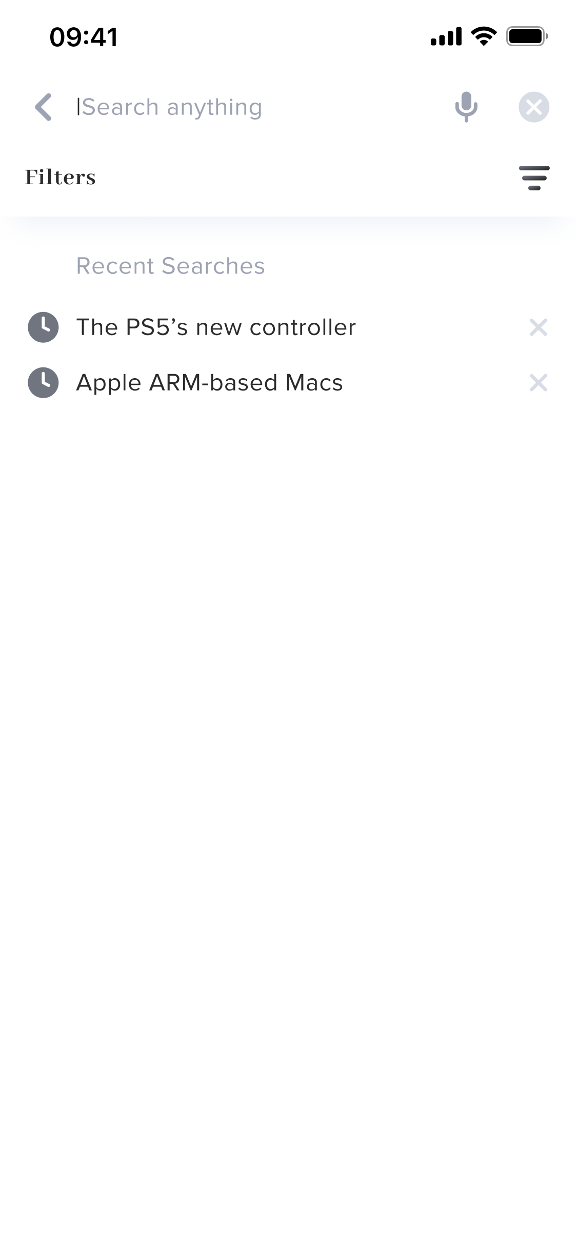 Recent searches screen